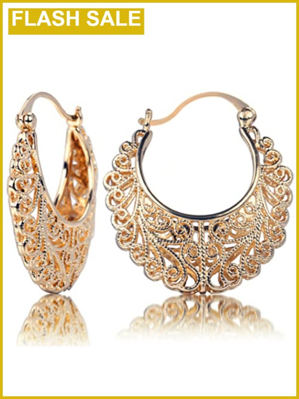 Gold Plated Filigree Hoop Earrings Oval Hollow Dangle Click-Top Boho